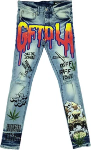 GFTD LA, HERREN SMOKE 420 SKULLS PAINT DRIP RIPPED SKINNY JEANS, BLAU, 30-40 - Bild 1 von 4