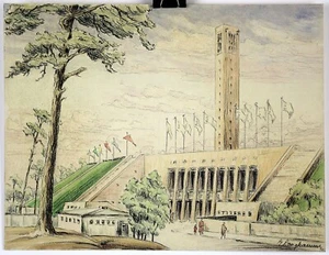 Eva Langkammer Original Colored Pencil Drawing 12" x 9.325" STADIUM - Picture 1 of 5