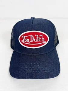 Sombrero de camionero Von Dutch azul oscuro denim bordado logotipo parche rojo gorra snapback - Imagen 1 de 7