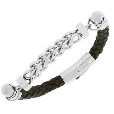 Pulsera de acero inoxidable de cuero marrón tono plata cadena de eslabones para hombre con cierre Foto 1 de 3