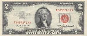 USA  $2  Series of 1953 A  Block  A  Red Seal & Serial #  Circulated Banknote WA - Picture 1 of 2