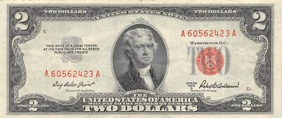 USA  $2  Series of 1953 A  Block  A  Red Seal & Serial #  Circulated Banknote WA - Image 1 of 2