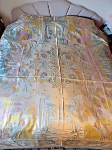 Vintage 1940s Egyptian bedspread fringed edge silver rayon camels palm trees Egy - Picture 1 of 8