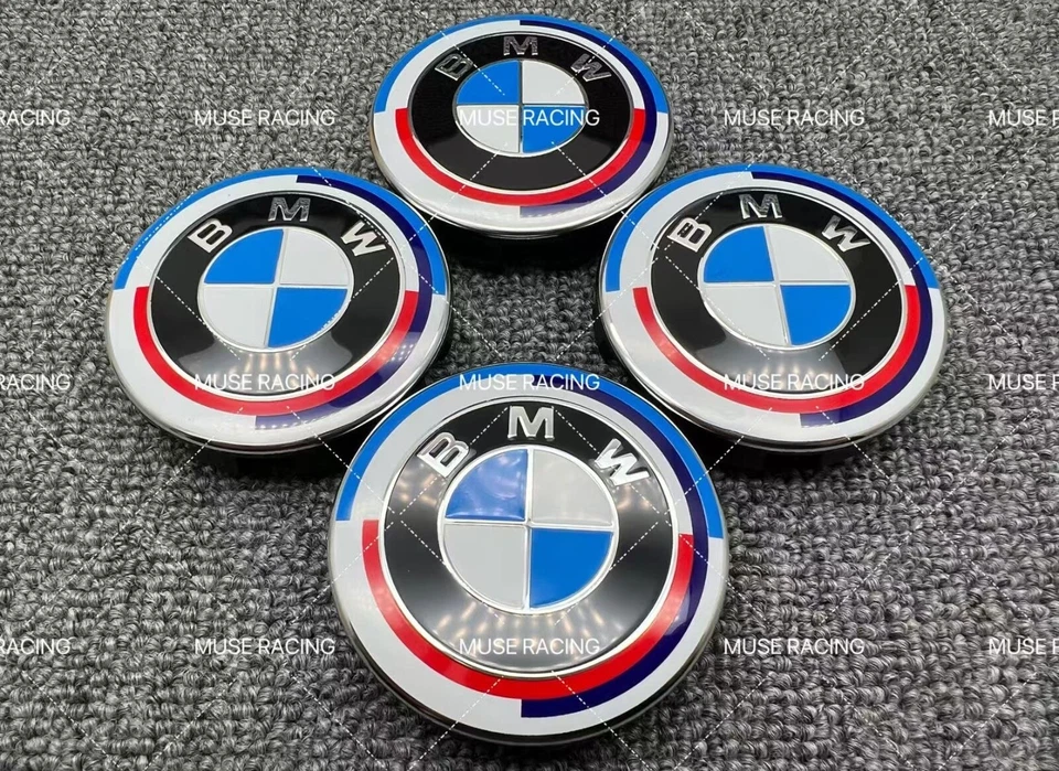 4PCS BMW 50th Anniversary White Blue Alloy 56mm 68mm Wheel Center Cap Hub Caps - Image 1 of 4