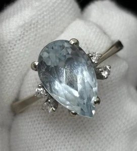 14KP White Gold Pear Cut Topaz & Diamond Ring Size 8.25 Ladies Fine STUNNING - Picture 1 of 24