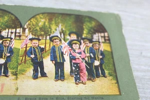 Stereoview antike Karten patriotische Kinder in Uniform und mit Fahnen 1898 #2 - Bild 1 von 8
