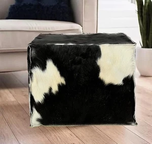 Boho Echtleder schwarz Hairon marokkanischer Pouf ungefüllt Ottoman 14x18x18 - Bild 1 von 2