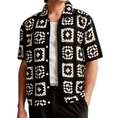 Abercrombie Fitch Crochet Granny Square Short Sleeve Button Up Shirt Mens XL - Image 1 of 4