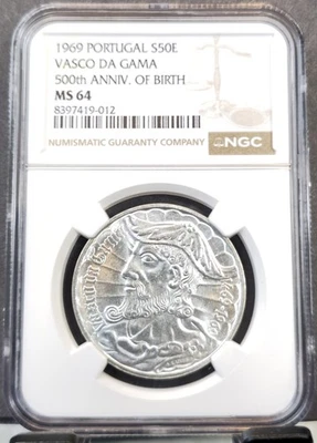 1969 PORTUGAL SILVER 50 ESCUDOS VASCO DA GAMA 500TH ANNIV NGC MS 64 GREAT LUSTER - Image 1 of 3