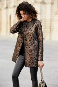 NEXT Damen-Jacquard-Mantel Jacke Oberbekleidung schwarz & bronzefarben UK 12 UVP 80 £ - Bild 1 von 7