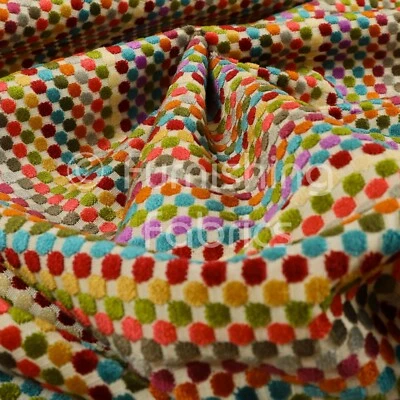 Modern Bright Multicolour Geometric Polka Dot Pattern Velvet Upholstery Fabric - Image 1 of 4