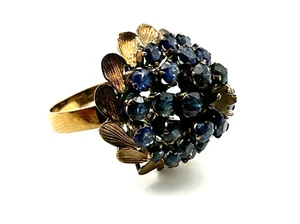 Vintage Estate 14K GOLD Dome Floral Deco Cocktail Ring w/Blue Sapphires Size 6.5 - Picture 1 of 24