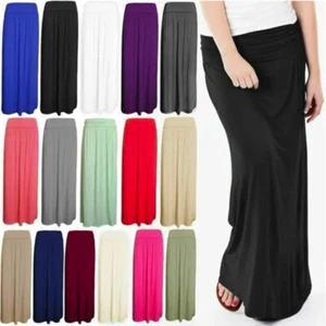 Womens Full Length Fold Over Maxi Skirt Ladies Elastic High Waist Pleated Skirt - Picture 1 of 15