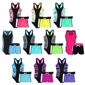 Kids Girls Swimsuit Sleeveless Top Swim Shorts Set Swimming Costume Swimwear - Picture 1 of 90