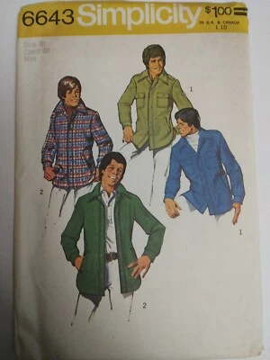 Shirt Jacket Button Mens 40 M Simplicity 6643 Sewing Pattern Wool Jean Flannel - Image 1 of 4
