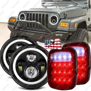 4PCS 7" 100W LED Headlights + Tail Lights Combo For Jeep Wrangler TJ YJ CJ5 CJ7 - Picture 1 of 19