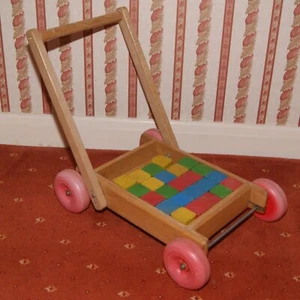 Vintage Baby Walker With Wooden Building Bricks Plastic Wheels - Picture 1 of 10