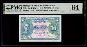 Malaya / British Administration 1941 (ND 1945) - 10 Cents P#8a PMG Choice UNC 64 - Picture 1 of 2