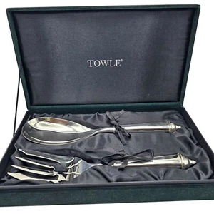 Towle Copenhagen Silverplated Serving Spoon & Fork Set Velvet Gift Box - Picture 1 of 12