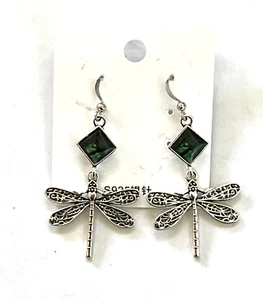 EH676 TIBETAN SILVER GREEN ENAMEL DRAGONFLY DANGLE HOOK EARRINGS - Picture 1 of 1