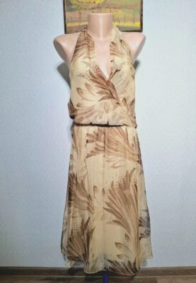 Vestido Ralph Lauren Etiqueta Negra Seda Gasa GILDA 10 Marrón Beige Camel Foto 1 de 4