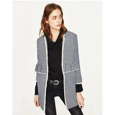 Abrigo Zara Cuadros Cuadros Guinga Talla M Tweed Frente Abierto Volantes Boho Preppy Azul Foto 1 de 4