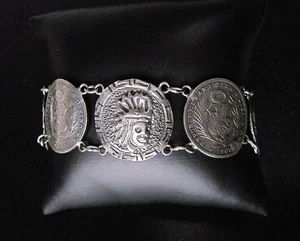 Peruvian Coin Bracelet Vintage Handmade 9" Inch Chain 900 Silver Peru Artisan - Picture 1 of 9