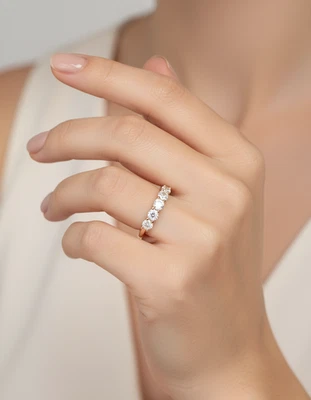 14k Solid Gold Diamond Ring, 1.50CTW Lab Grown 5 Diamond Wedding Band for Her - Image 1 of 4