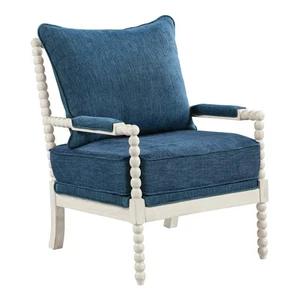 Kaylee Spindle Accent Chair with Antique White Wood Frame, Navy Blue Fabric - Picture 1 of 8