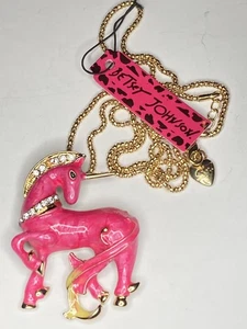 Betsey Johnson Hot Pink Einhorn Emaille Kristall Anhänger Halskette Brosche Anstecknadel - Bild 1 von 3