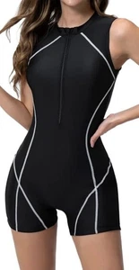 ABOCIW Black Sleeveless Rash Guard Zipper UV Protection Boyleg 1pc Swimsuit M - Picture 1 of 11