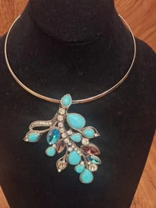 SilverTone Choker Necklace Blue Howlite & Crystal Pedant in Floral/Branch Design - Picture 1 of 13