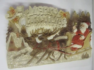 Large 16" 3-D Christmas Wall Plaque Santa In Sleigh With Reindeer - Picture 1 of 4