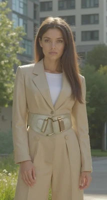 Women Hip Gold Metal Hook Buckle Light Beige Stretch Waistband Belt Plus L XL - Image 1 of 4