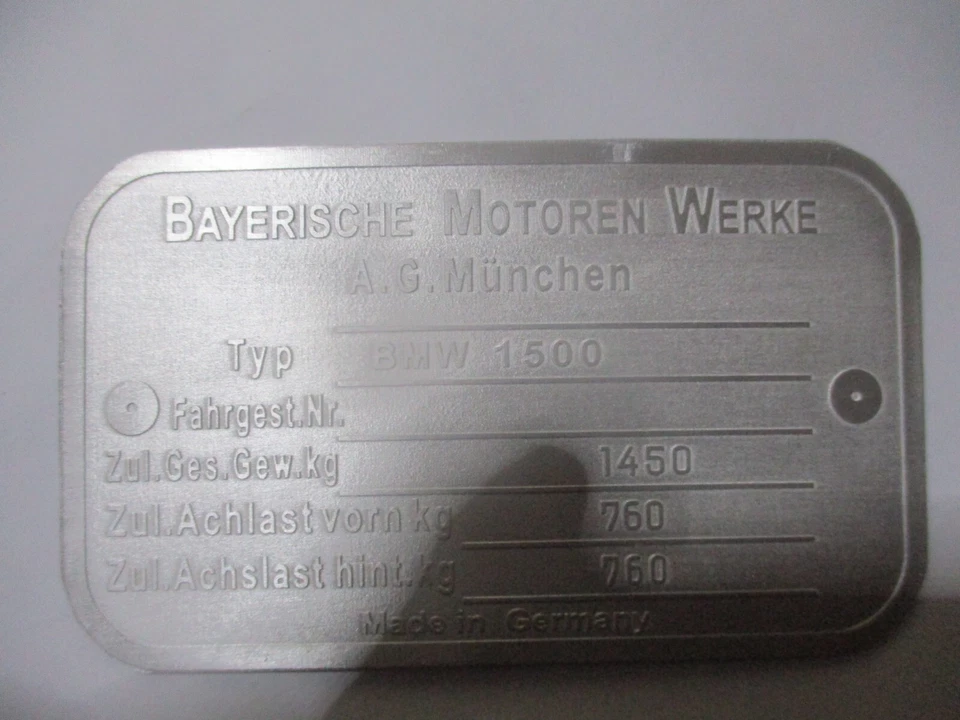 BMW Type Plate 1500 Sign New Class Classic Car S93 - Image 1 of 1