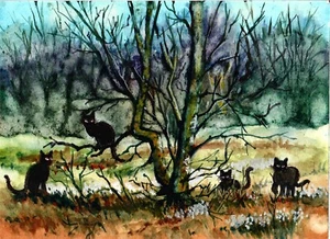 Katzen um einen alten Baum, Katzenkunstdruck, Katzenwanddekor, Ingwerkatze, schwarze Katze - Bild 1 von 1