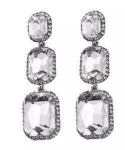 Silver Crystal Three Tier Drop Statement Pierced Earrings NEW - Picture 1 of 2