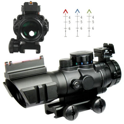 Tactical 4X32 Rifle Scope Fiber Optic Sight & illuminated Chevron Range Recticle - Image 1 of 4