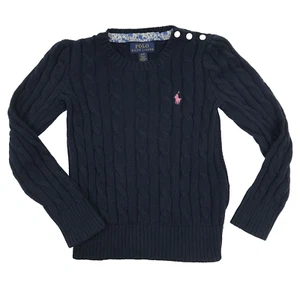 Polo Ralph Lauren Cable Knit Sweater Kids 4T Navy Blue Pink Pony Logo Preppy - Picture 1 of 6