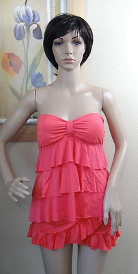 KENNETH COLE pink BCR tier ruffle bandeau tankini swim top&skirted bottom set,L - Image 1 of 4