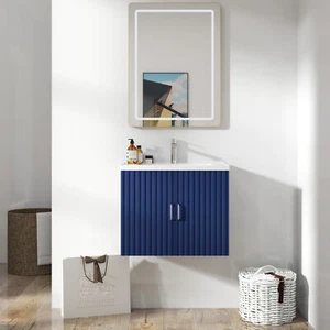24" Floating Wall Mounted Bathroom Vanity White Porcelain Sink Soft Close Doors - Picture 1 of 13