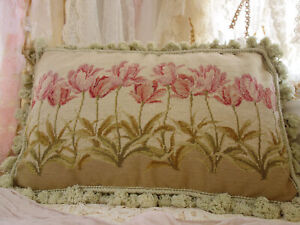 20" Shabby Chic Wool Needlepoint Pastel Tulip Floral Fringe Throw Pillow 