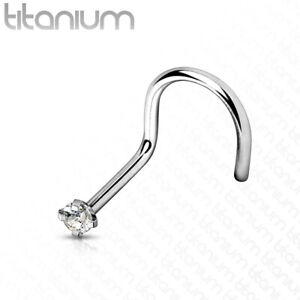 Titanium Nose Screw Stud Ring with Prong Set Cubic Zirconia Gem Implant Grade 