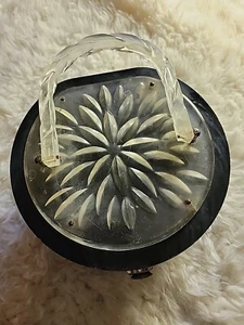 Vintage 1950s Marbled And Clear Lucite Box Purse With Floral Etching Boho Round - Picture 1 of 11