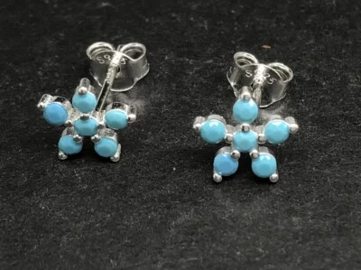 turquoise stud earrings, solid Sterling Silver, flower, 7mm total. New. Box. - Image 1 of 4
