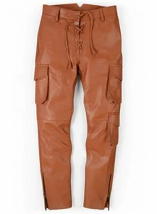 Men's Leather Pant Genuine Lambskin Brown Leather Cargo Pants - Picture 1 of 5