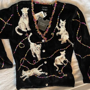 Maglione cardigan morbido peluche vintage taglia M nero bianco gatti anni '90 novità primavera - Foto 1 di 4