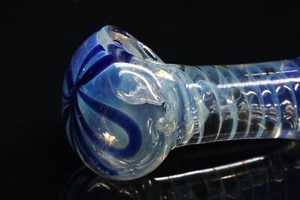 TOBACCO SMOKING HAND PIPE BLOWN GLASS 3.5” BOWL SPIRAL ART HEAVY BLUE ONE HITTER - Picture 1 of 12