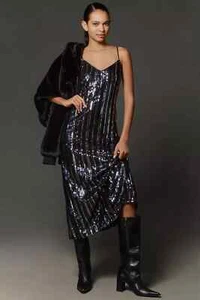 Anthropologie Maeve Sleeveless Sequin Stripe Midi Dress in Navy Size XL - Picture 1 of 7