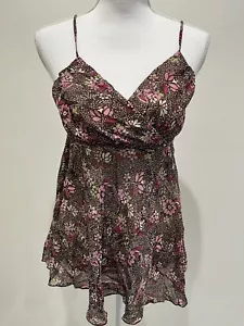 Vintage Womens Y2K Sheer Babydoll Top Size M Brown Pink Floral Fairy Whimsigoth - Picture 1 of 7
